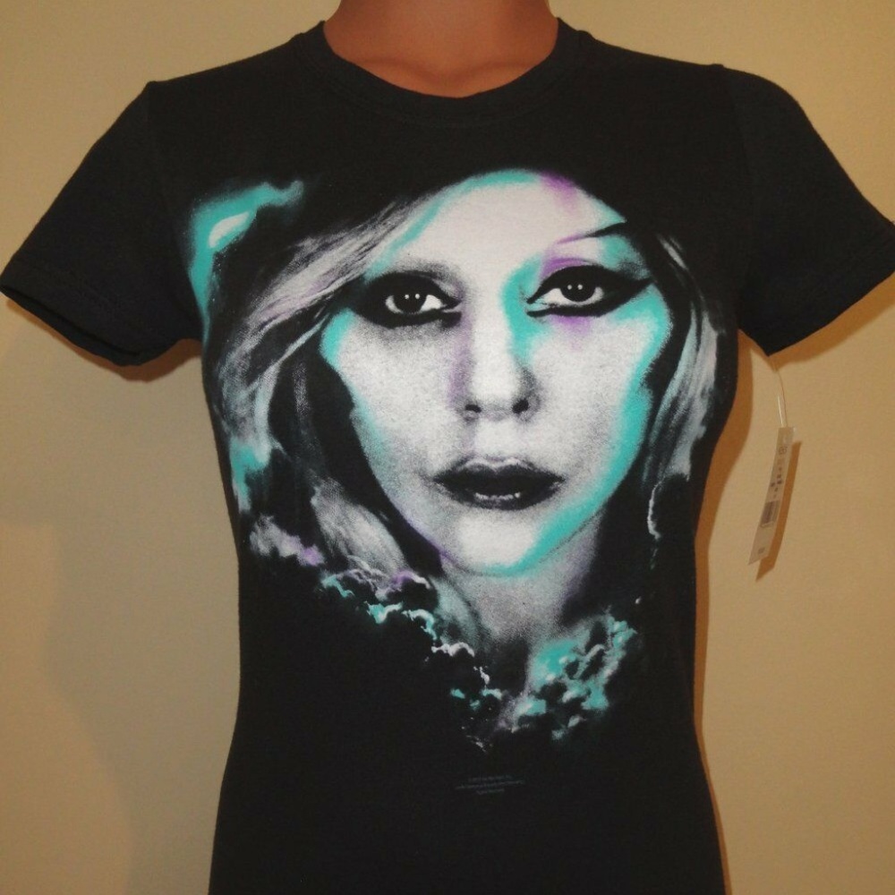 Lady Gaga Tee Juniors S. Teal graphic on Black NWT